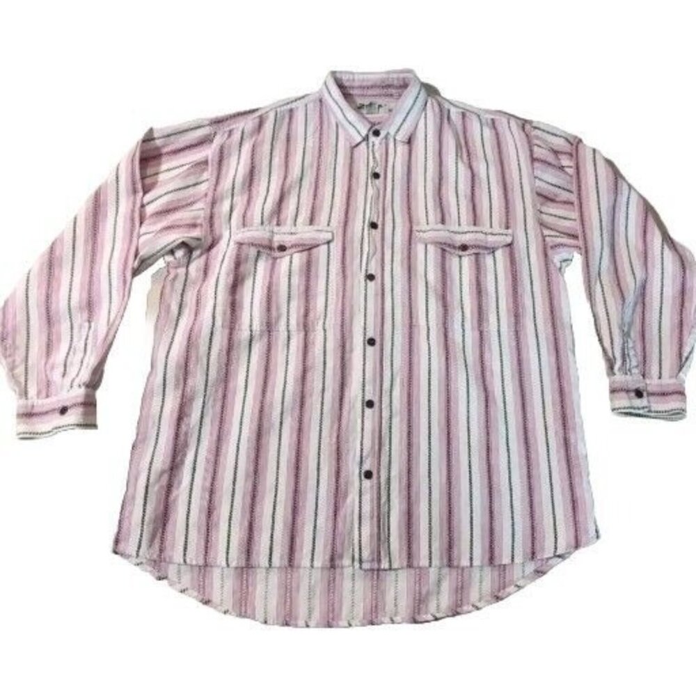 Vintage Men Zeppelin Brand Striped Pink Black Button Up Long Sleeve Size XLarge